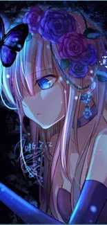 Anime girl with butterflies and roses in dark blue hues.