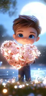 Anime character holding heart-shaped flowers under the moonlit night.