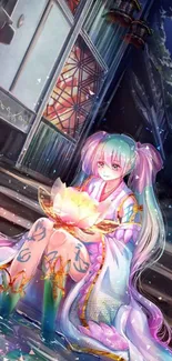 Anime girl holding glowing lotus in night scene wallpaper.