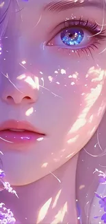 Anime portrait with purple flowers and blue eyes.