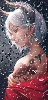 Anime character with white hair and tattoos in a rainy setting.