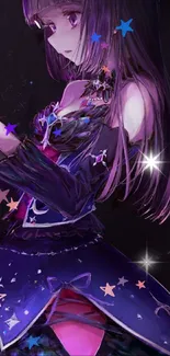 Anime character in purple dress with starry accents and vibrant colors.