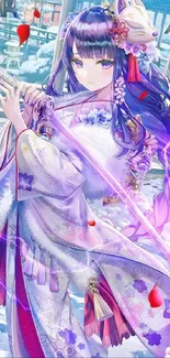 Anime sword maiden in purple kimono