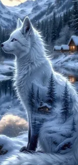 Portrait of an Arctic fox in a snowy landscape with mountains and cabins.