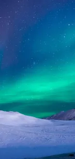 Vibrant teal aurora over snowy mountains under a starry night sky.