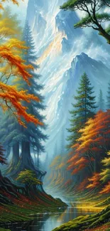 Beautiful autumn forest with mountains and colorful trees.