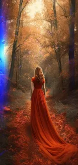 Woman in red dress walking through orange autumn forest.