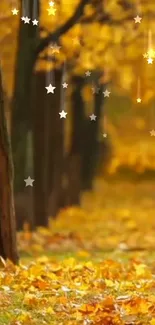 Autumn forest path with golden leaves and stars.