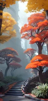 Vibrant autumn forest with orange trees and a stone path.