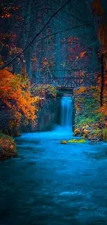 Autumn forest stream with a tranquil waterfall and colorful foliage.