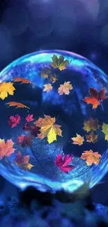 Vibrant autumn leaves floating inside a luminous blue sphere.