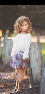 Child in white dress poses in dreamy autumn setting.