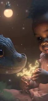 Baby meets dragon in enchanting fantasy scene.