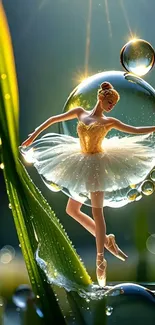 Ballerina dancing elegantly in a dewdrop on a leaf.