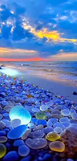 Serene beach with glowing pebbles at sunset.