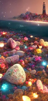 Enchanting beach with glowing stones and distant lighthouse at sunset.