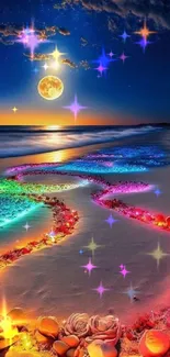 A colorful, moonlit beach with glowing seashells and a serene night sky.