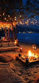 Cozy beach scene with bonfire and ambient lighting by the ocean at night.
