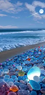 Serene beach with glowing stones under a moonlit sky.