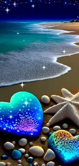 Night beach with glowing hearts and starry sky.