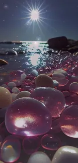 Colorful stones glisten in the sun on a tranquil beach setting.