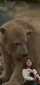 A serene scene with a child and a large bear in a grassy landscape.