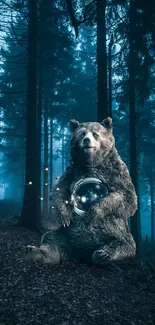 Bear holding glowing object in a mystical forest with teal blue hues.