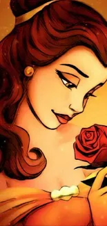 Illustrated woman holding a red rose with an orange background.