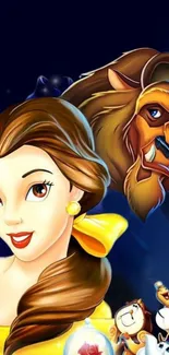 Colorful artwork of Belle and the Beast from a classic Disney tale.