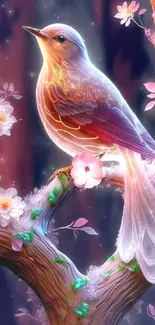 Luminous bird perched on a mystical tree with blossoms in an enchanting design.