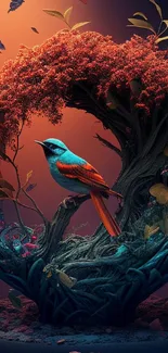 Mystical bird in artistic vibrant nature setting on mobile wallpaper.