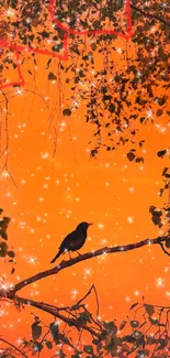 Silhouetted bird against sparkly orange background with branches and leaves.