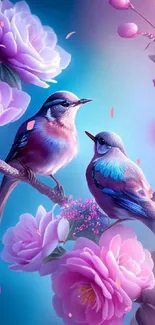 Two vibrant birds perched among pink flowers on a branch.