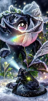 Enchanting black rose with sparkle effects in a mystical setting.