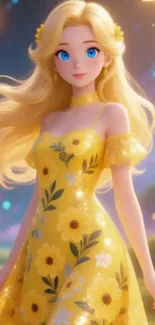 Blonde anime princess in a yellow floral dress, glowing and magical.