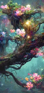 Fantasy art with glowing flowers on mystical tree branches.