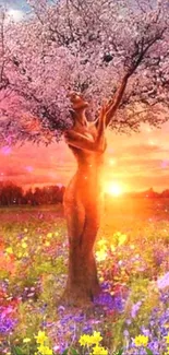 Fantastical tree-shaped figure with cherry blossoms at sunset.