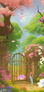 Fantasy garden with cherry blossoms and gate