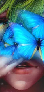 Blue butterflies on a face in digital art, vibrant and enchanting.