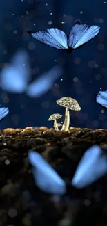 Ethereal blue butterflies over mushrooms.