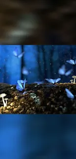 Blue butterflies in mystical forest setting wallpaper.