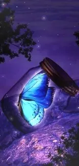 Luminous blue butterfly in a glass jar against a mystical purple background.