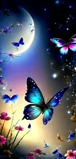 Enchanting night scene with blue butterflies and glowing moon.