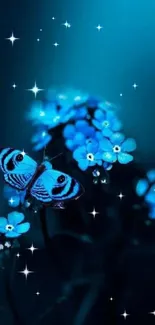 Blue butterfly on glowing flowers, in a mystical nighttime setting.