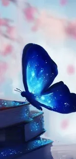 Blue butterfly on books with pink floral background.