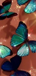 Blue butterflies with sparkling effect on a peach background.