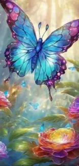 Enchanting blue butterfly on floral backdrop.