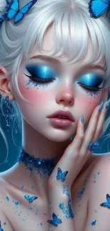 Fantasy art of girl with blue butterflies