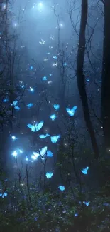 Blue butterflies glowing in a dark, mystical forest scene.