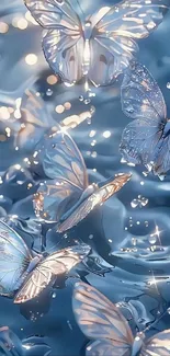 Blue butterflies flutter over glistening water, creating a serene and dreamlike scene.